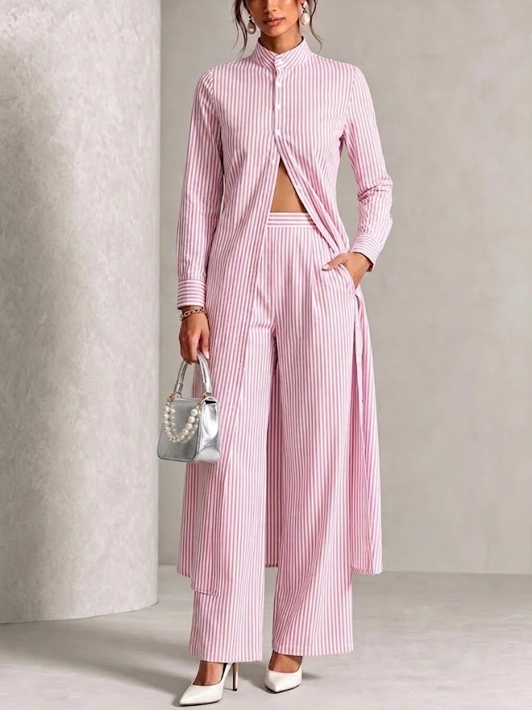 Vertical-striped Stand-collar Shirt And Wide-leg Trousers Two-piece Set