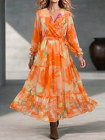 V-neck Wrap-style Watercolor-print Maxi Dress With Ruffled Long Sleeves And A Voluminous Skirt