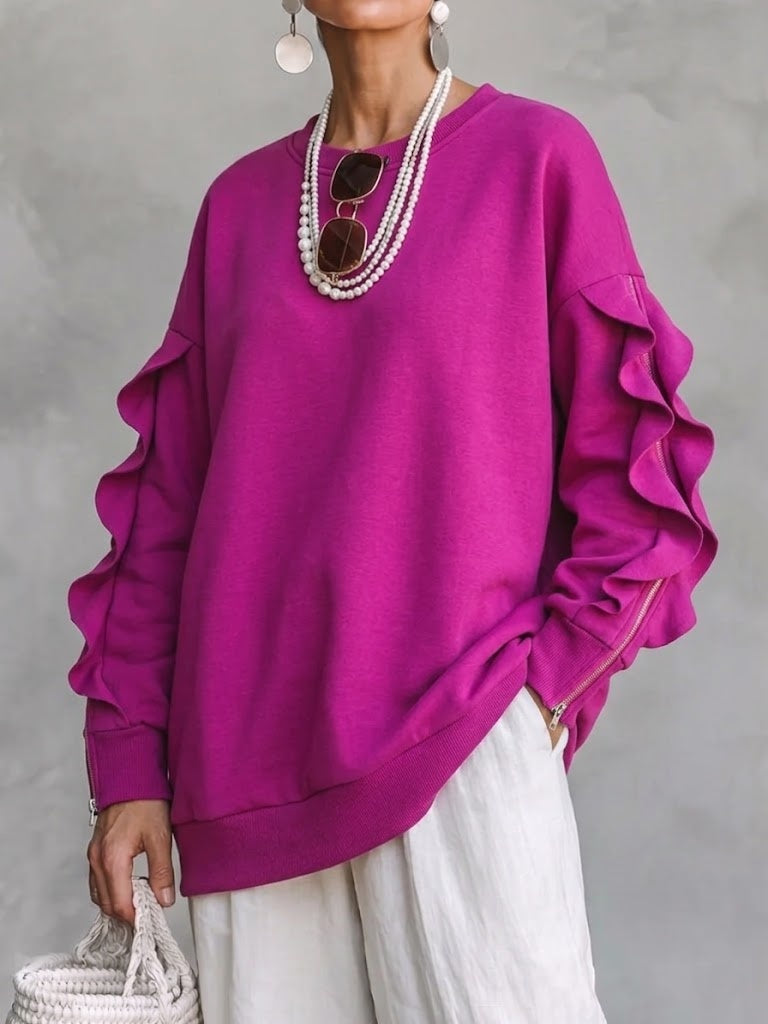 Loose-fit Sweatshirt With A Crew Neck, Ruffles, And Zipper Detailing