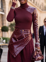 Bold Burgundy Mock Neck Leather Patchwork Knit Top