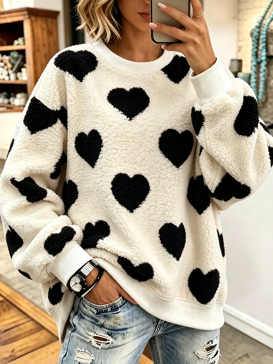 Cozy Stylish Plush Heart-print Oversized Sweatshirt