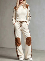 Bohemian Patchwork Faux-suede And Ribbed Knit Two-piece Set (top And Pants)