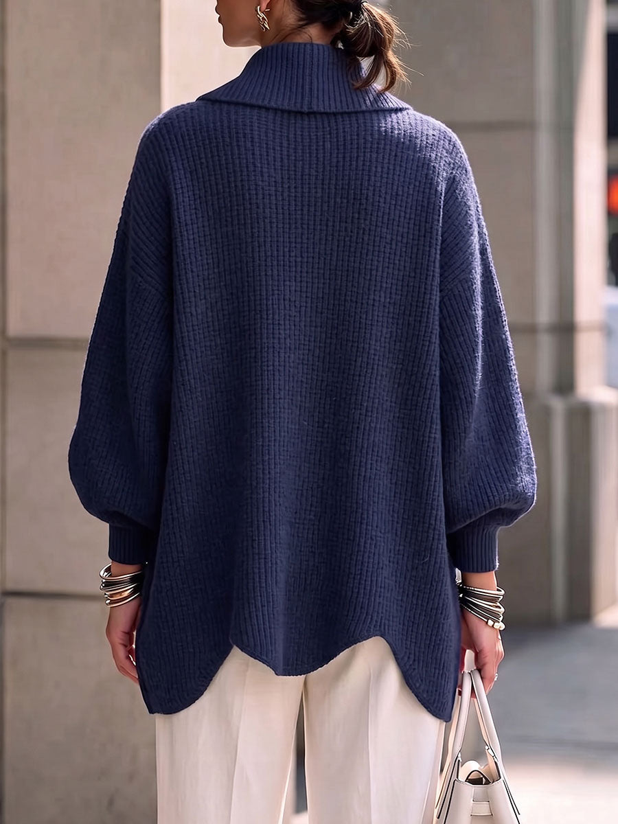 Women's Solid Color Lapel Long-sleeved Casual Loose Wavy Edge Knit Cardigan
