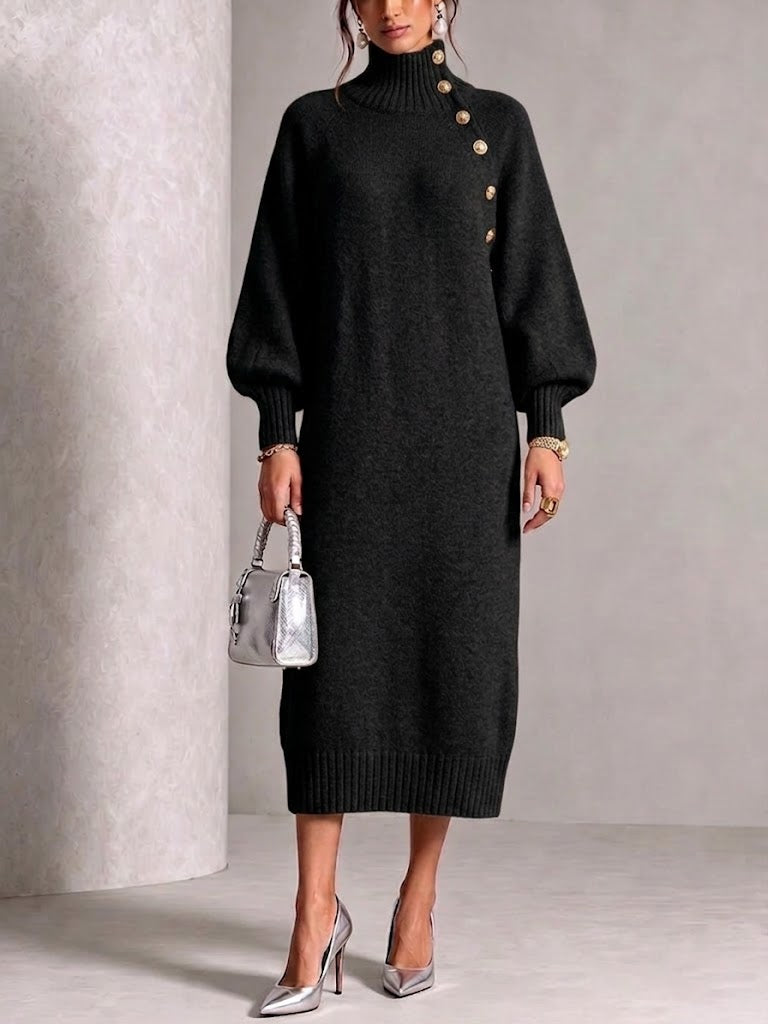 Loose-fit, Slimming Knit Midi Dress Featuring A High Neck, Lantern Sleeves, And A Diagonal Button Detail