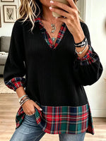Christmas-themed Casual Plaid-paneled Ribbed Knit Top