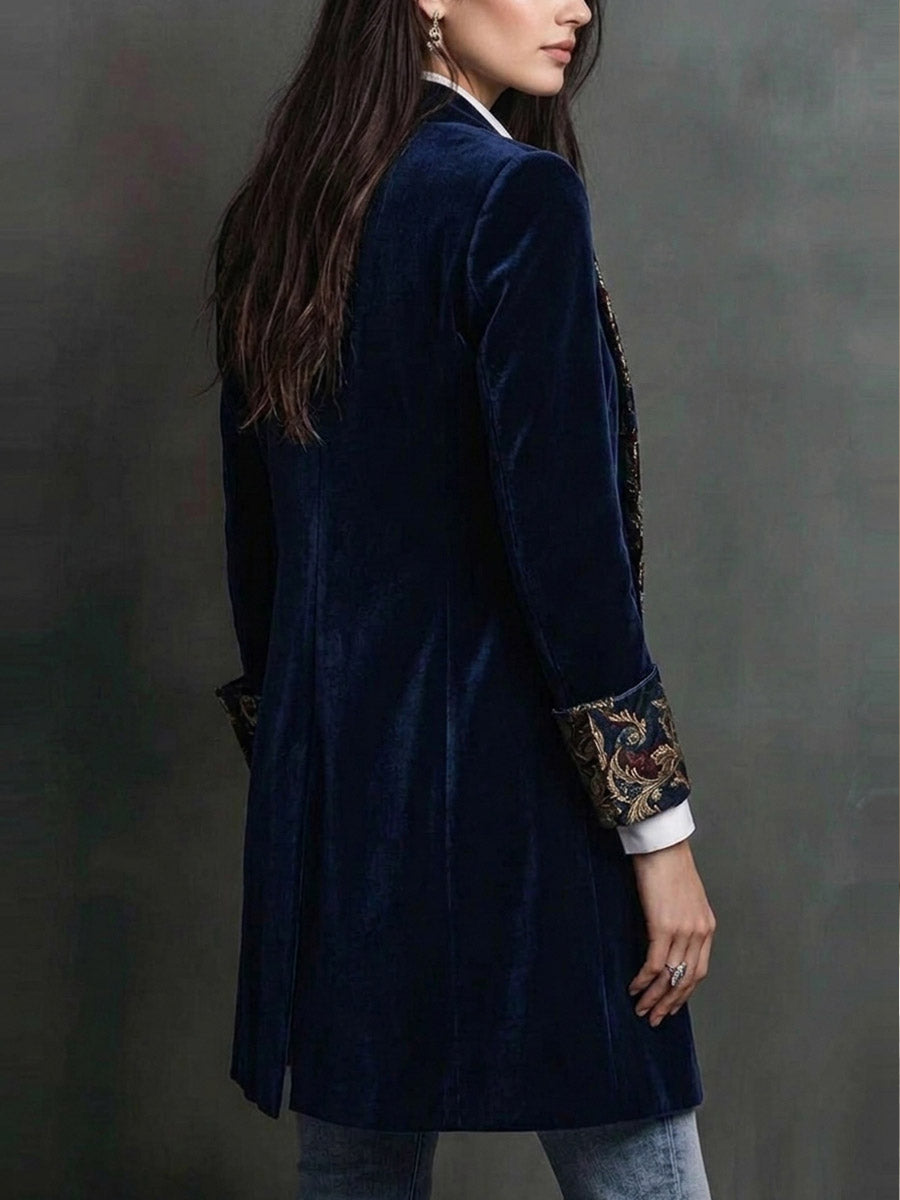 Navy Velvet Longline Blazer With Ornate Embroidered Lapels