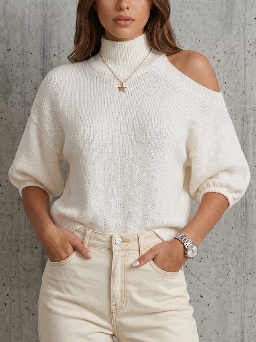 Mock Neck One‑shoulder Cutout Knit Top