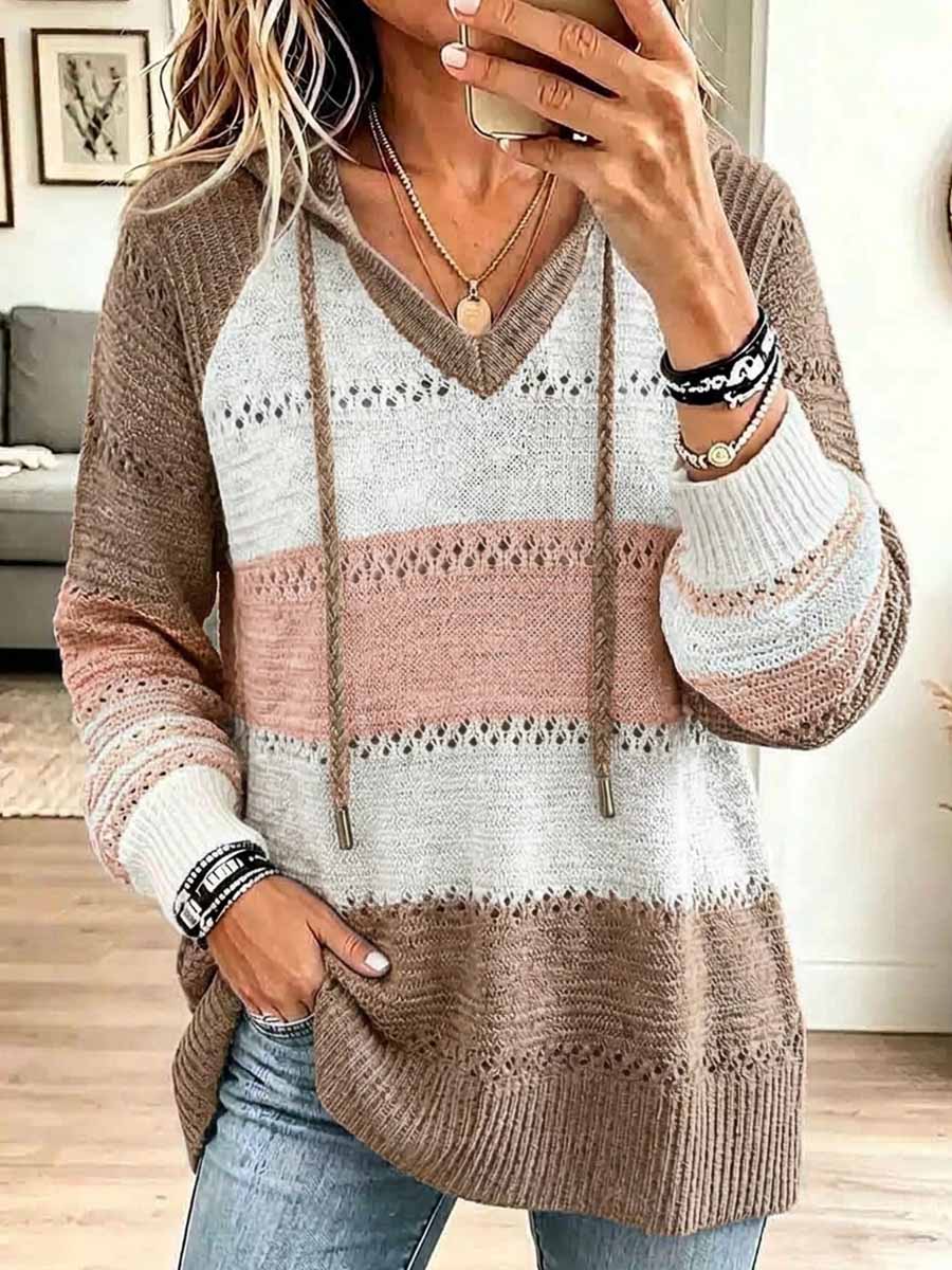 Women's Color-blocked V-neck Long-sleeved Casual Loose Knit Hooded Pullover