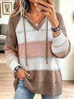 Women's Color-blocked V-neck Long-sleeved Casual Loose Knit Hooded Pullover