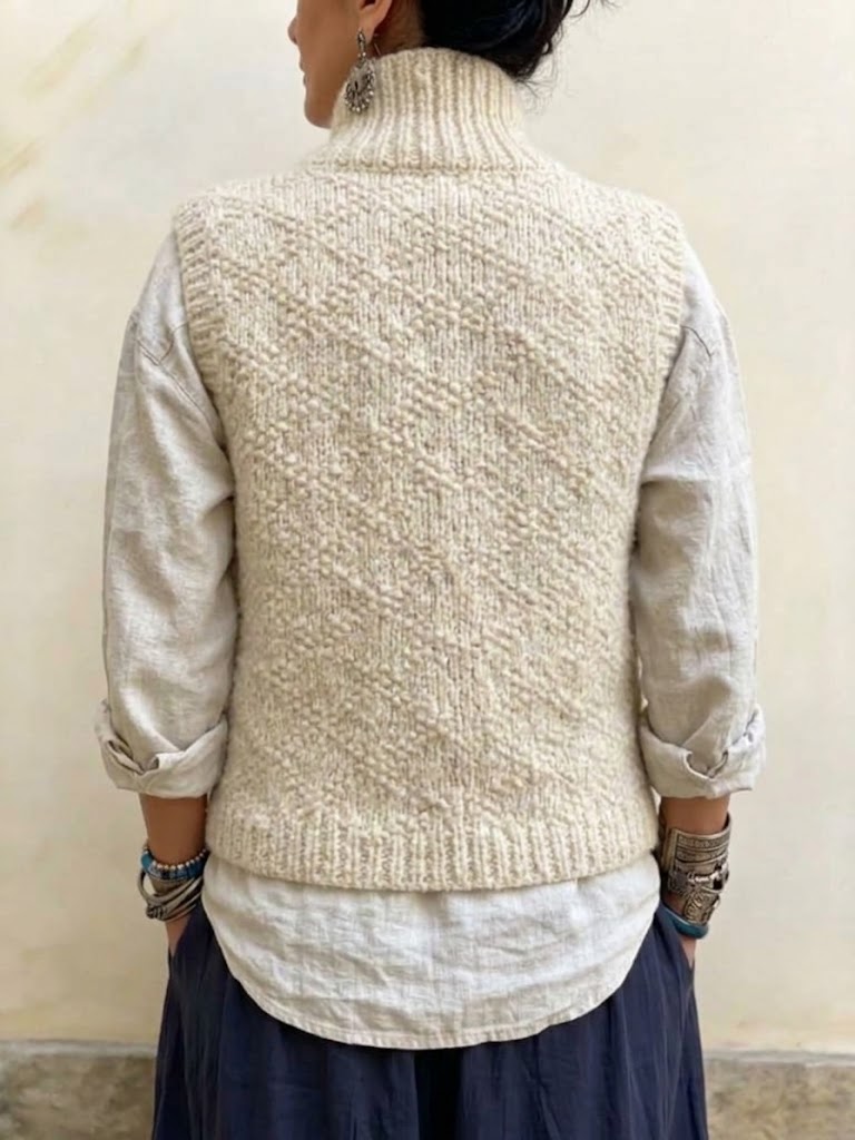 Stand-collar Textured Knit Vest With Toggle Closures