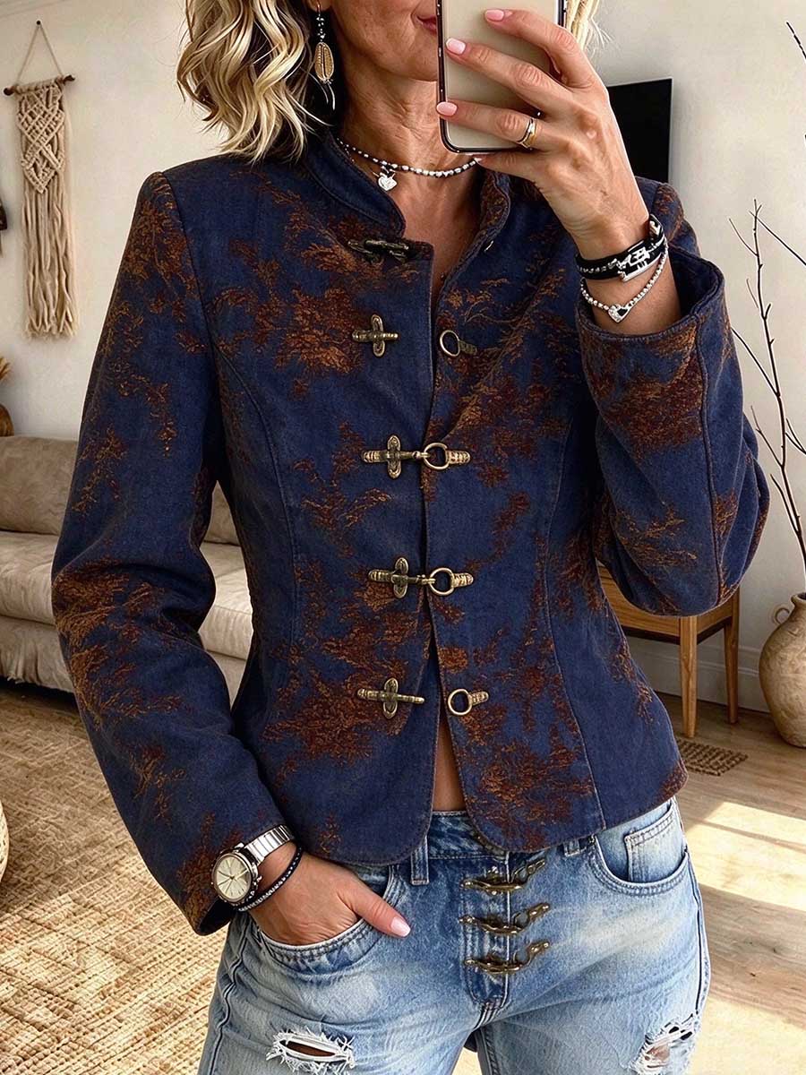 Vintage Floral Jacquard Mandarin Collar Jacket With Metal Toggle Clasps