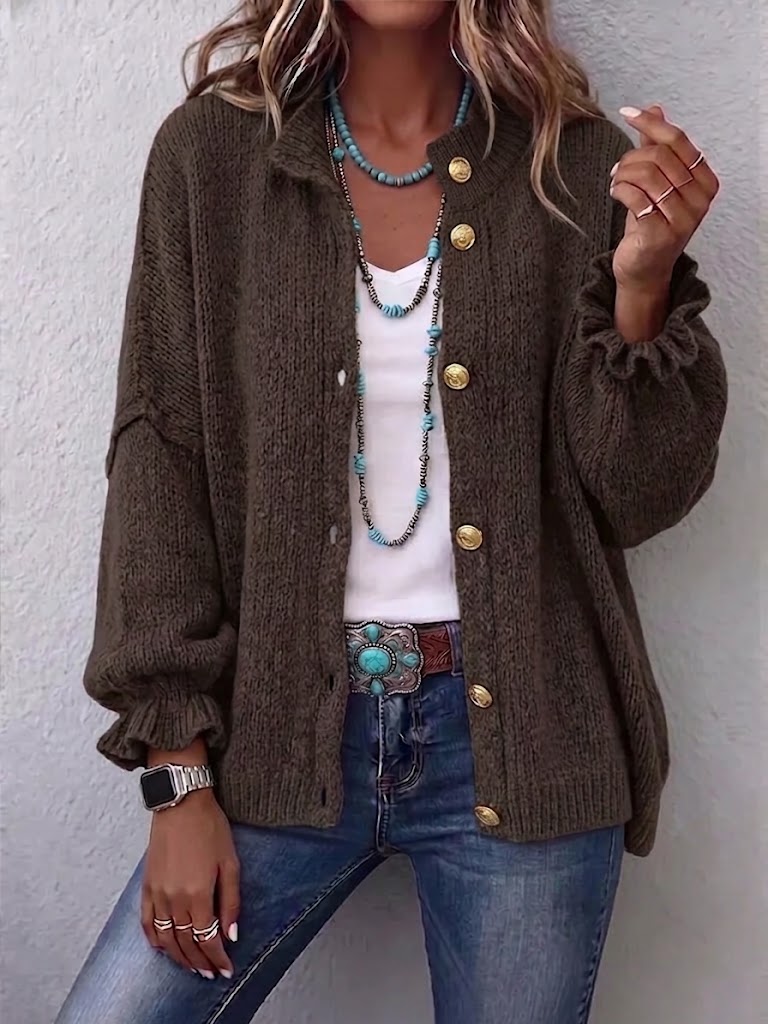 Stand Collar Single‑breasted Gold Button Ruffle‑cuff Knit Cardigan