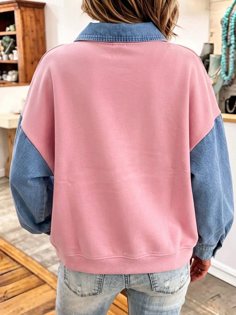 Chic Pink And Denim Peter Pan Collar Colorblock Sweatshirt