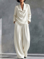 Women's Solid Color Collared Long-sleeved Casual Loose Top And High-waisted Wide-leg Pants Set