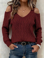 Casual Solid-color Cable-knit Off-shoulder Lantern-sleeve Sweater