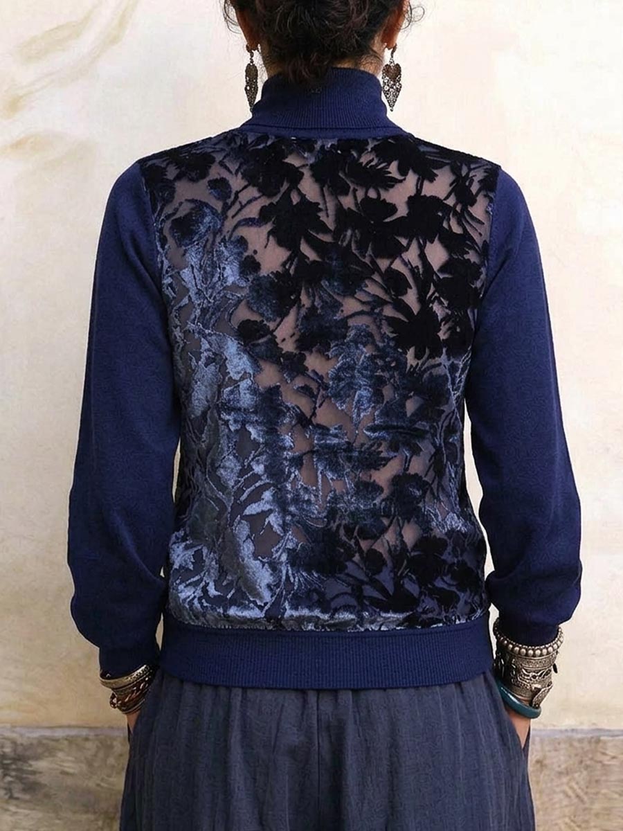 Elegant Navy Blue Turtleneck Sweater With Sheer Floral Velvet Panel