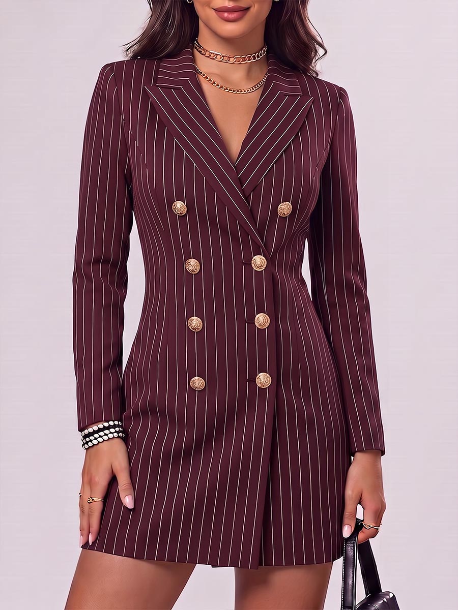 Women's Striped Printed Lapel Long-sleeved Casual Slim-fit Suit Dress