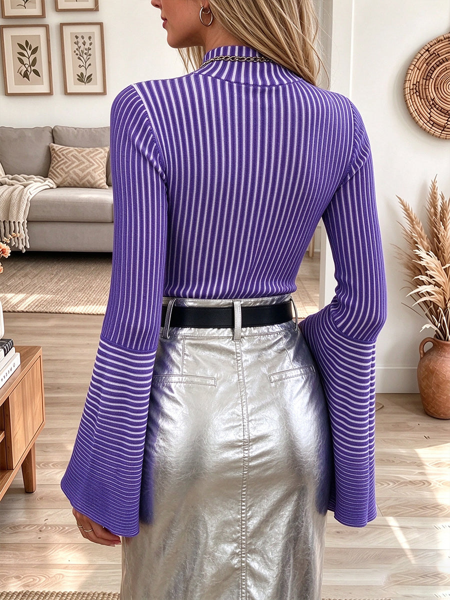 Elegant Striped Ribbed Bell-Sleeve Top