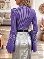 Elegant Striped Ribbed Bell-Sleeve Top