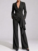Women's Solid Color Lapel Long Sleeve Casual Loose Fit Suit High Waist Wide Leg Pants Set