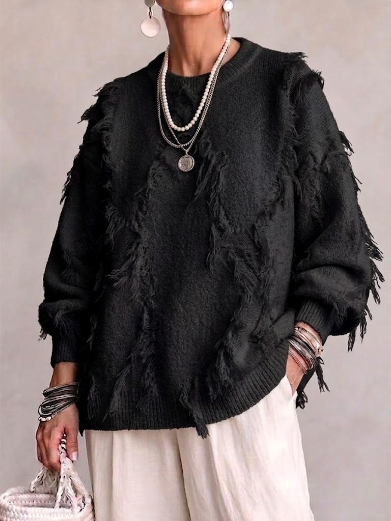 Diagonal Fringe‑trimmed Relaxed Knit Sweater
