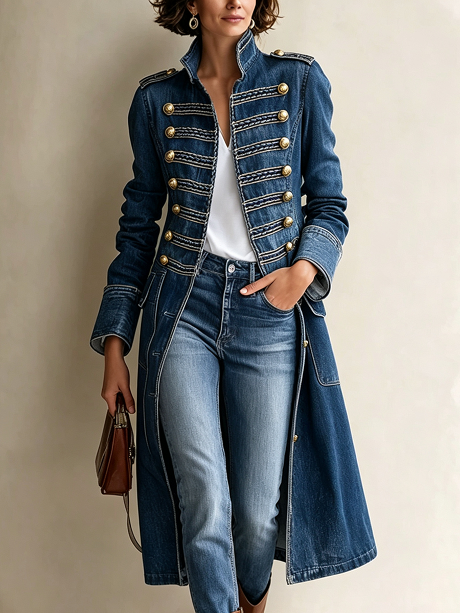 Chic Military-inspired Long Denim Coat