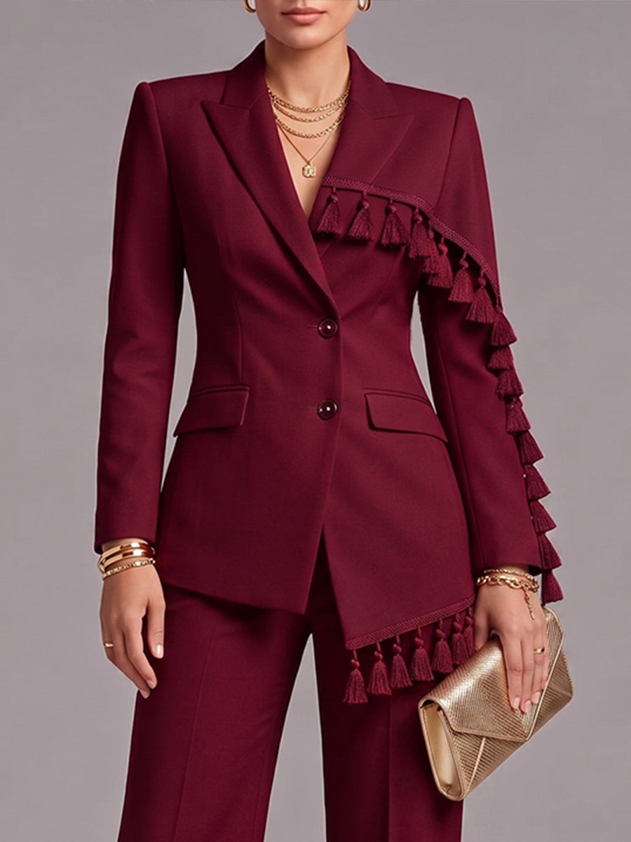 Elegant Burgundy Tassel-Trimmed Blazer