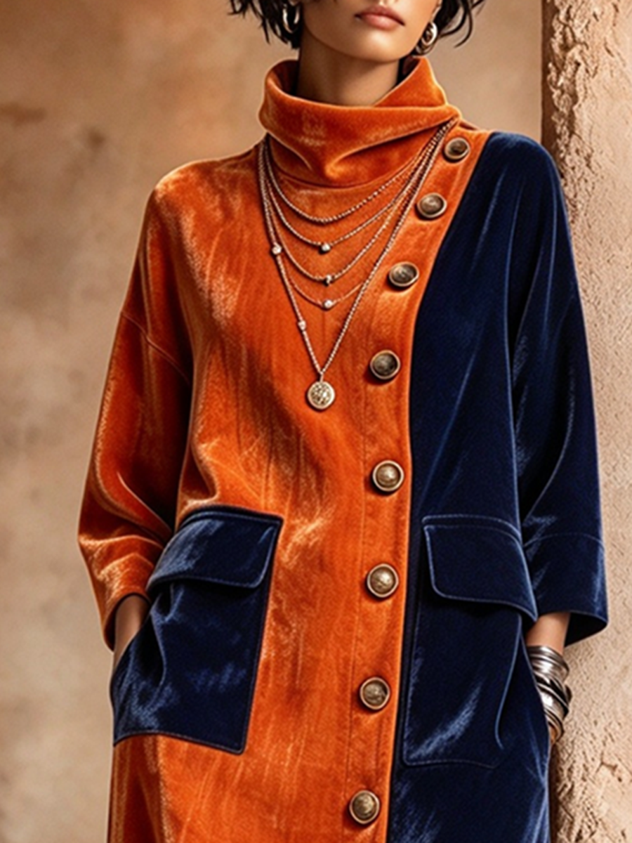 Artistic Color-blocking Asymmetric Velvet Maxi Dress