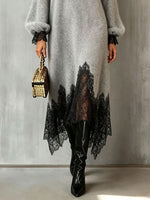 Elegant Cozy Shimmer Knit Midi Dress With Lace Trim