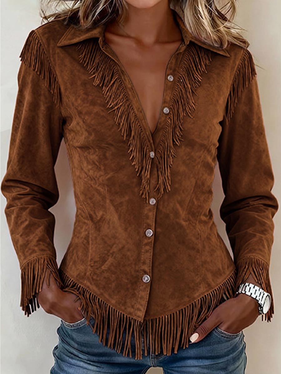Women's Solid Color Collared Long-sleeved Casual Loose Faux Suede Tassel Shirt