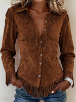 Women's Solid Color Collared Long-sleeved Casual Loose Faux Suede Tassel Shirt
