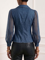 Women's Collared Long-sleeved Chiffon And Denim Patchwork Top