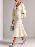 Elegant Ivory Textured Knit Button-Front Midi Dress