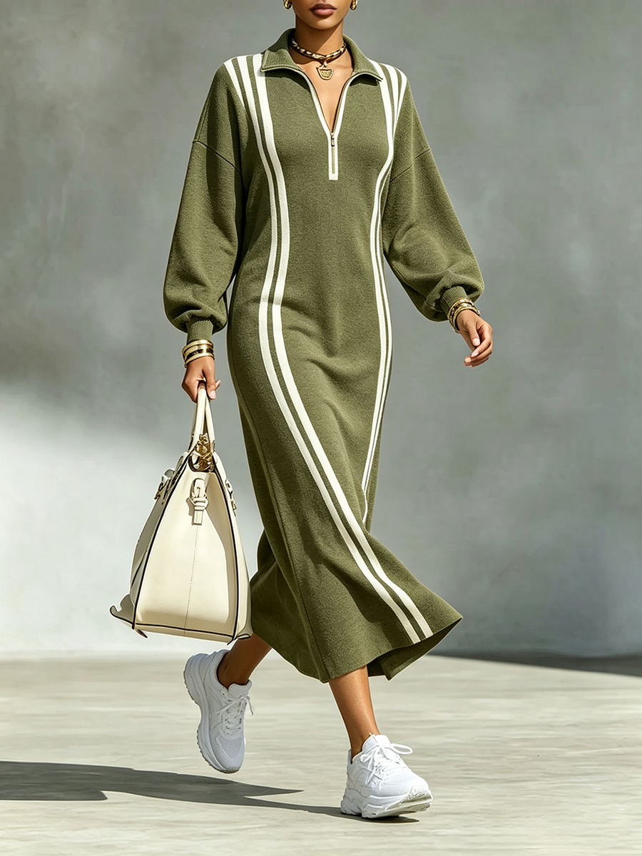 Casual Sporty Stripe Zipper Midi Sweatshirt Dress