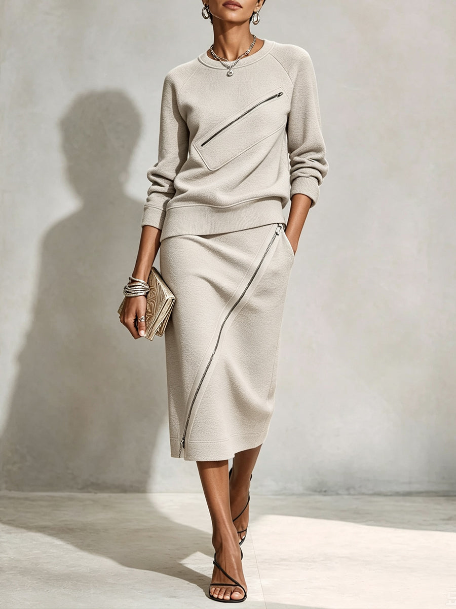 Two-piece Set Featuring A Stylish, Casual Sweatshirt With A Diagonal Zipper And A Midi Skirt.