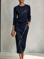 Two-piece Set Featuring A Stylish, Casual Sweatshirt With A Diagonal Zipper And A Midi Skirt.