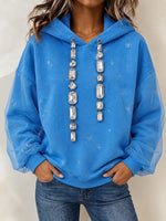Chic Rhinestone-embellished Hoodie With Sheer Drawstring Sleeves