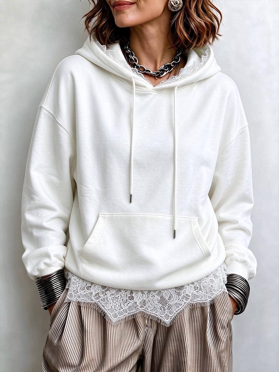 Women's Casual White Pullover Hoodie With Delicate Lace Trim