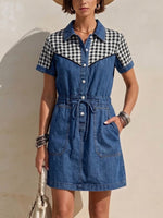 Plaid‑spliced Collared Drawstring‑waist Short‑sleeve Denim Dress