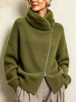 Asymmetrical Zip Faux Fur Collar Casual Knit Olive Green Sweater