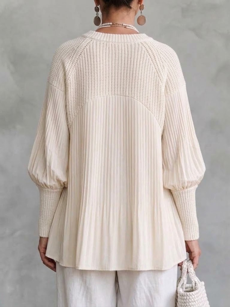 Crew-neck Loose-fit Knit Top With Textured Lantern Sleeves