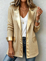 Chic Gold Knit Blazer With Sleek Faux Leather Trim