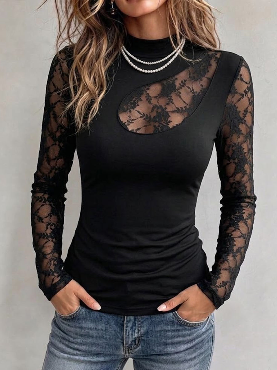Mock-neck Long-sleeve Fitted Base-layer Top With Cutout Lace Detailing