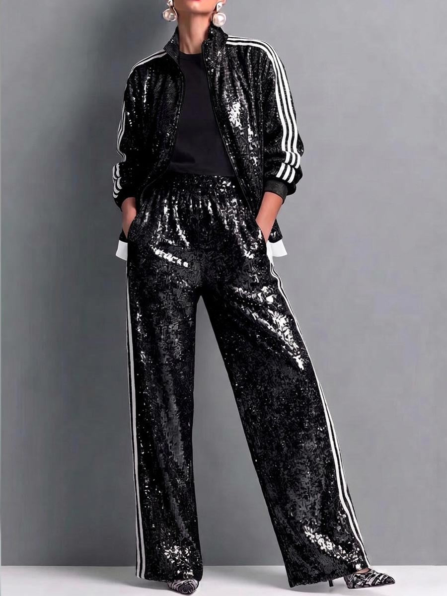 Women's Stand Collar Long Sleeve Casual Loose Color-blocked Sequined Cardigan High Waist Casual Wide Leg Pants Set