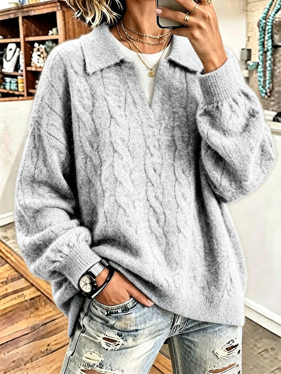 Cozy Polo Faux Two-piece Shirt Collar Cable Knit Sweater