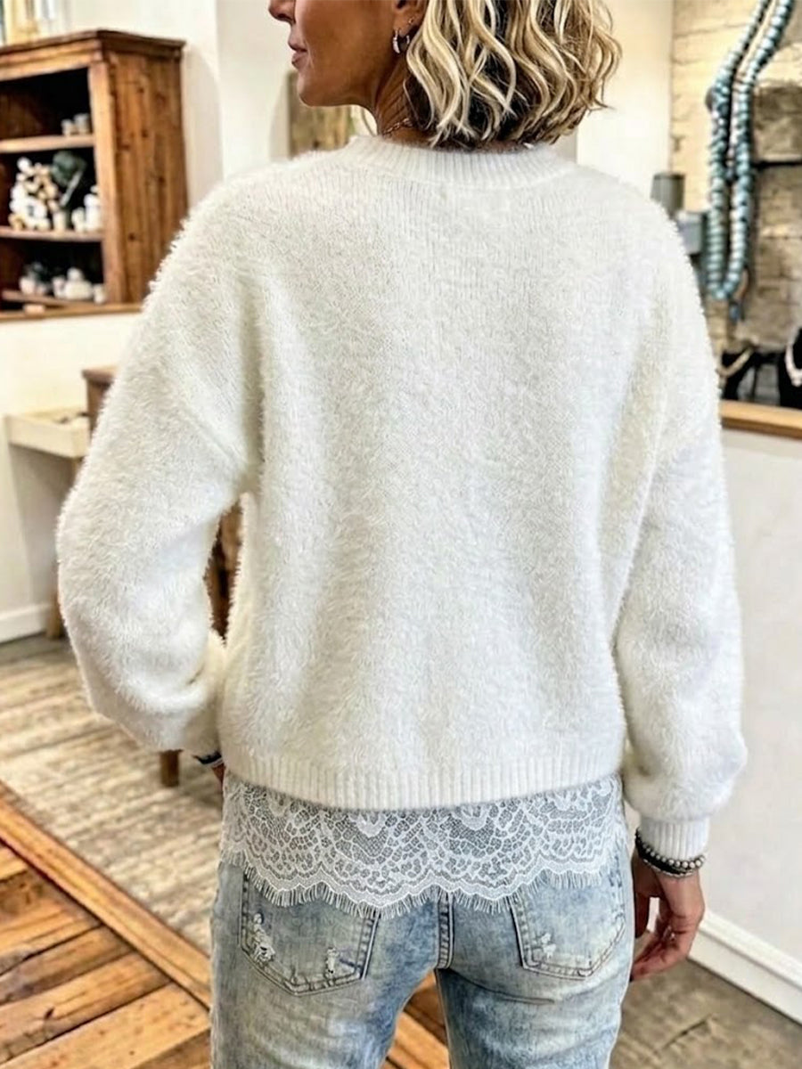 Crew-neck Knit Sweater With A Lace-hem "faux-layered" Design