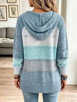 Women's Color-blocked V-neck Long-sleeved Casual Loose Knit Hooded Pullover