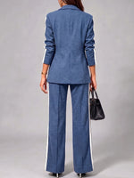 Women's Collared Long-sleeved Casual Loose Color-blocked Jacket And High-waisted Casual Loose Color-blocked Wide-leg Pants Suit