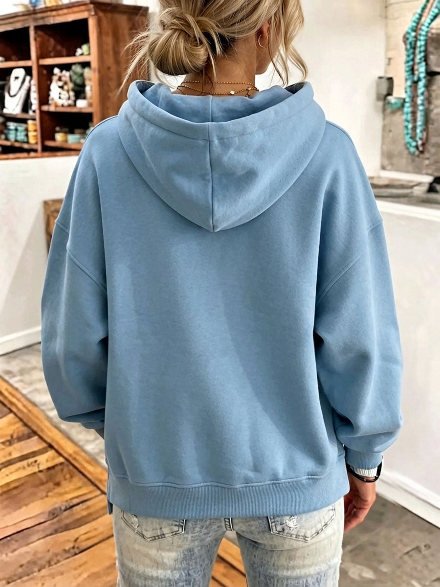 Asymmetric Piping & Buttons Chic Casual Blue Hoodie
