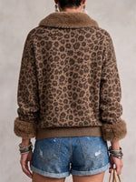 Leopard Print Top With Furry Collar & Cuffs, Henley Loose Blouse